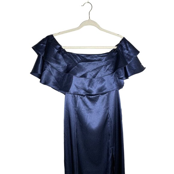 Lulus Pure Happiness Navy Blue Dress Size Small Satin Off-the-Shoulder Long New - Picture 4 of 12